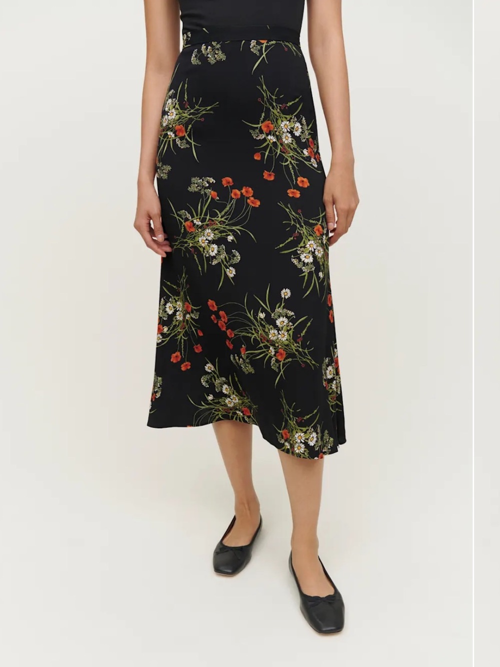 Reformation Bea Midi Skirt Black Floral Print